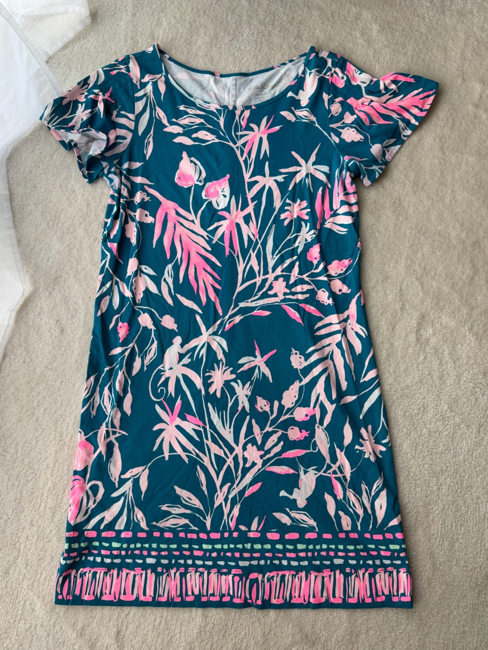 Lilly Pulitzer Teal Floral Shift Dress with Pink Accents
